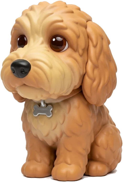 Ilustración de Milo como juguete de colección: un goldendoodle color caramelo, sentado, con ojos grandes, hocico crema y una placa de hueso en el collar.